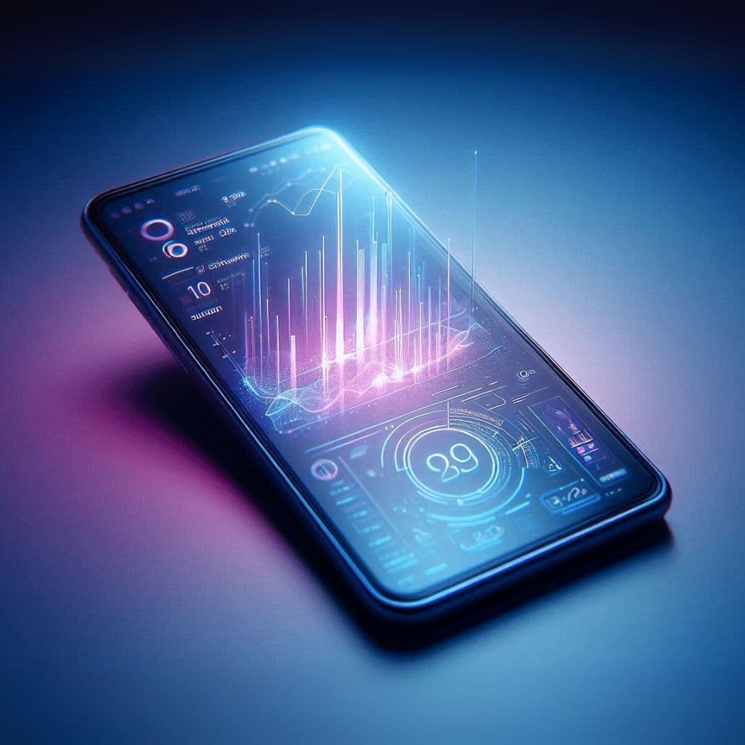 Smartphone with glowing AI data and analytics visual