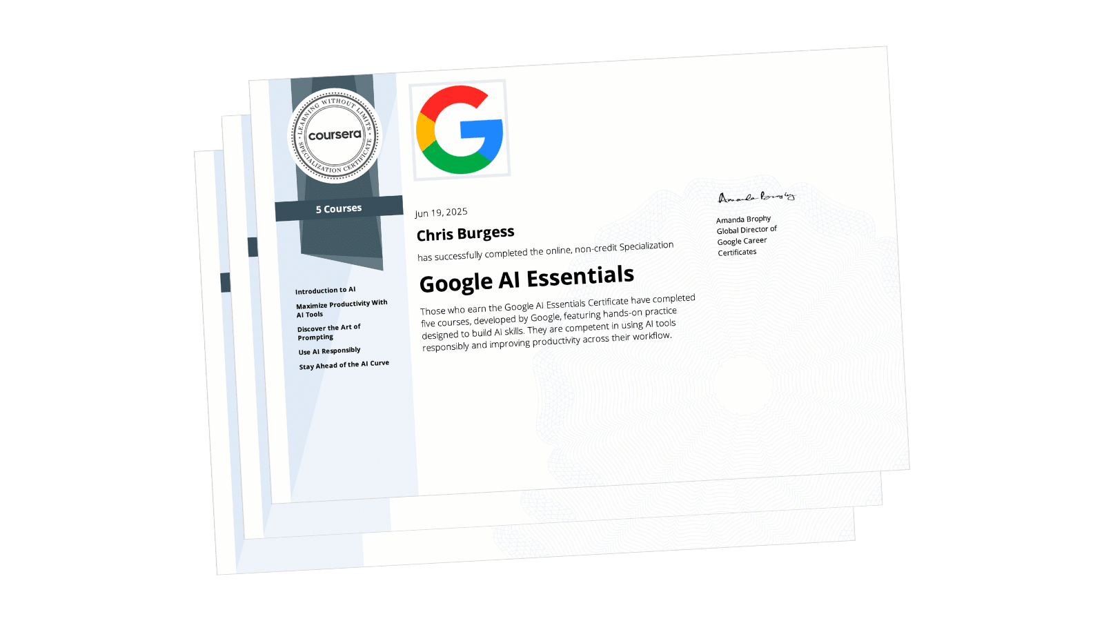 Google AI Essentials certificate from Coursera