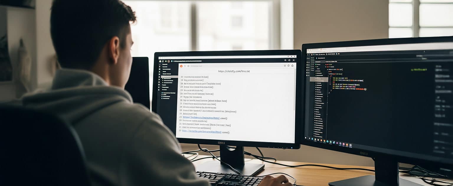 Developer editing llms.txt file on dual monitors