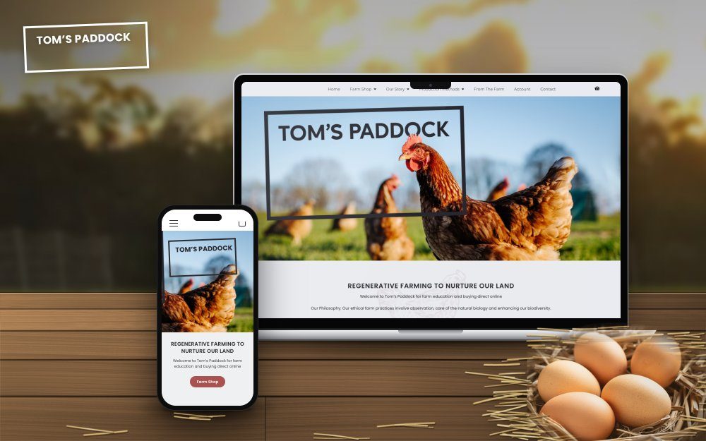 Tom's Paddock website design shown on laptop and mobile, featuring free-range hens and farm eggs